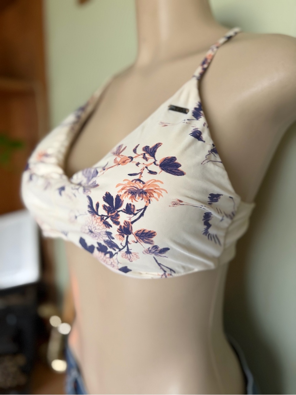 Roxy Cream Floral Bandeau Bralette Bikini Top Size L Coastal Cowgirl Boho Surfer
